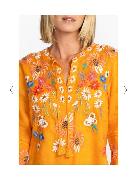 Johnny Was Tops - Mustard Yellow Embroidered Floral Pullover with Tassels